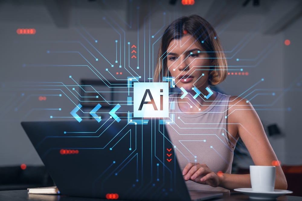 AI and a thoughtful businesswoman in casual wear typing on laptop at office workplace with coffee cup.