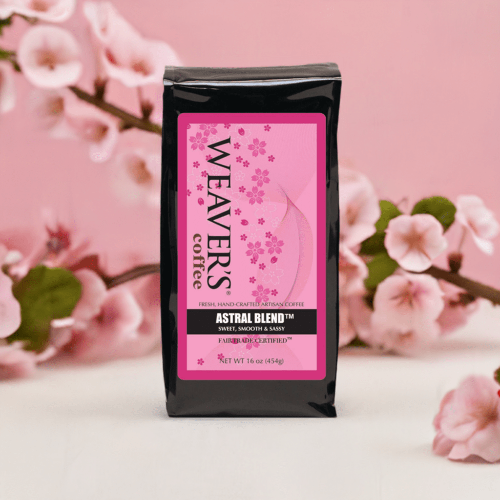 weaverscoffee.mom Coffee bag of Astral Blend Coffee with pink label.