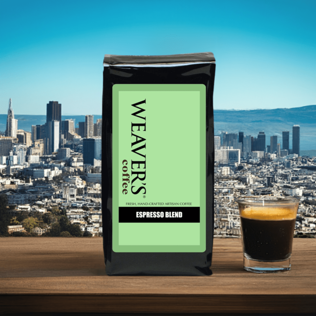 weaverscoffee.mom Coffee bag and shot glass filled with Espresso Coffee.