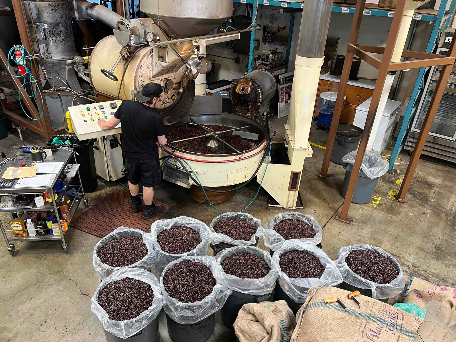 weaverscoffee.mom Coffee roaster at Probat roaster with buckets of French Roast Coffee.