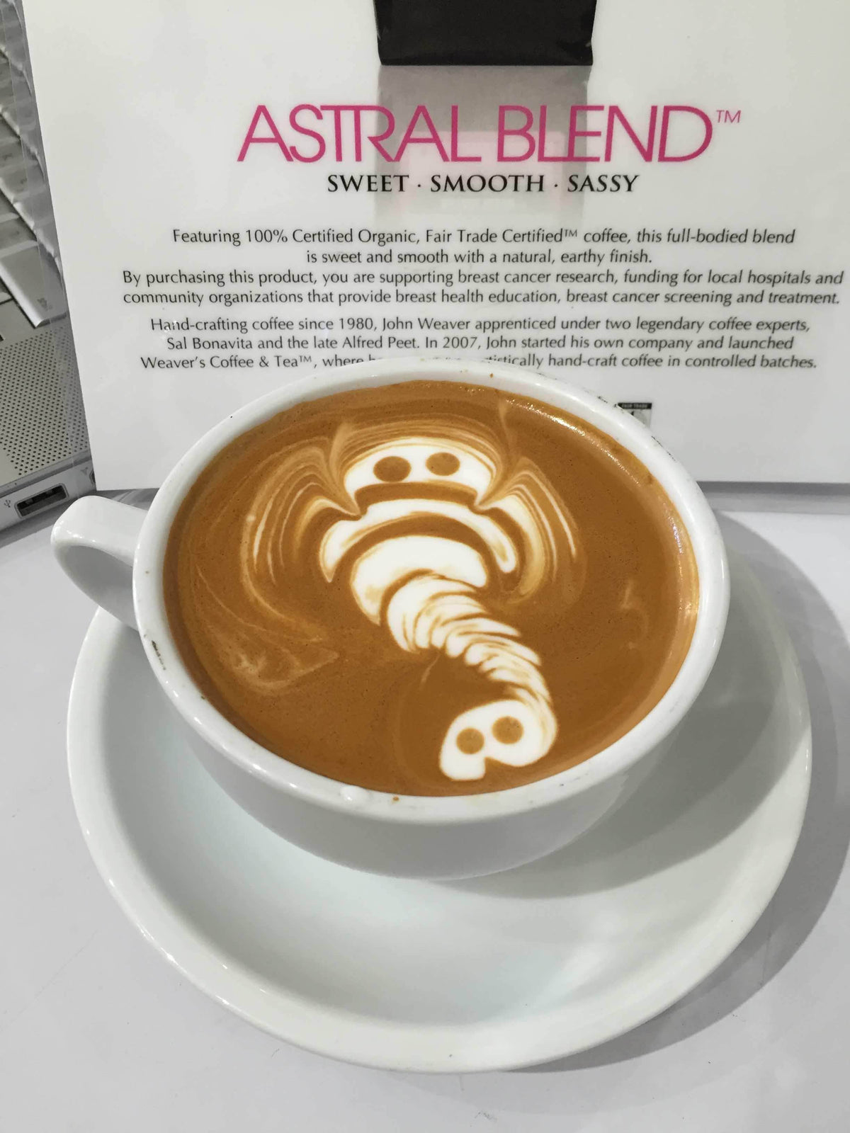 weaverscoffee.mom Latte art of an elephant made with Astral Blend Coffee.