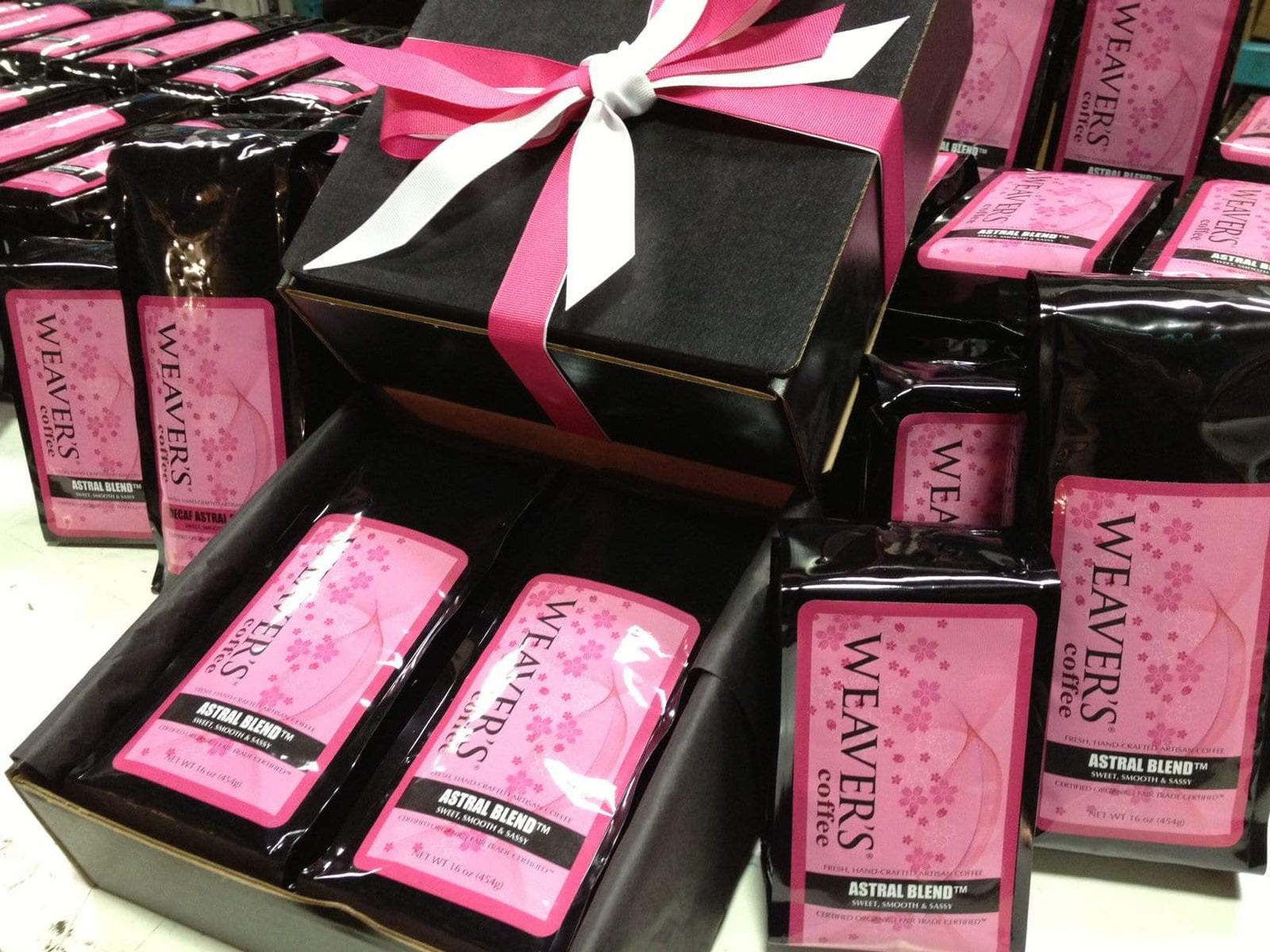 weaverscoffee.mom Coffee bags of Astral Blend Coffee with a pink and white bow.