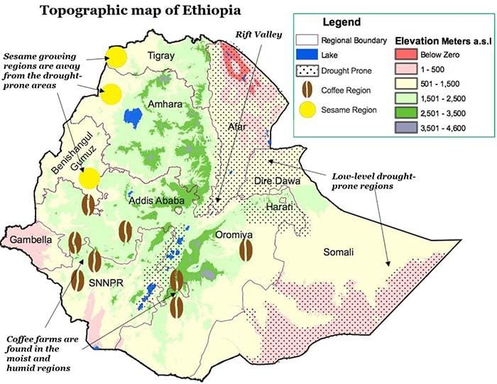 weaverscoffee.mom Topographic Map of Ethiopia showing where they grow Ethiopian Coffee.