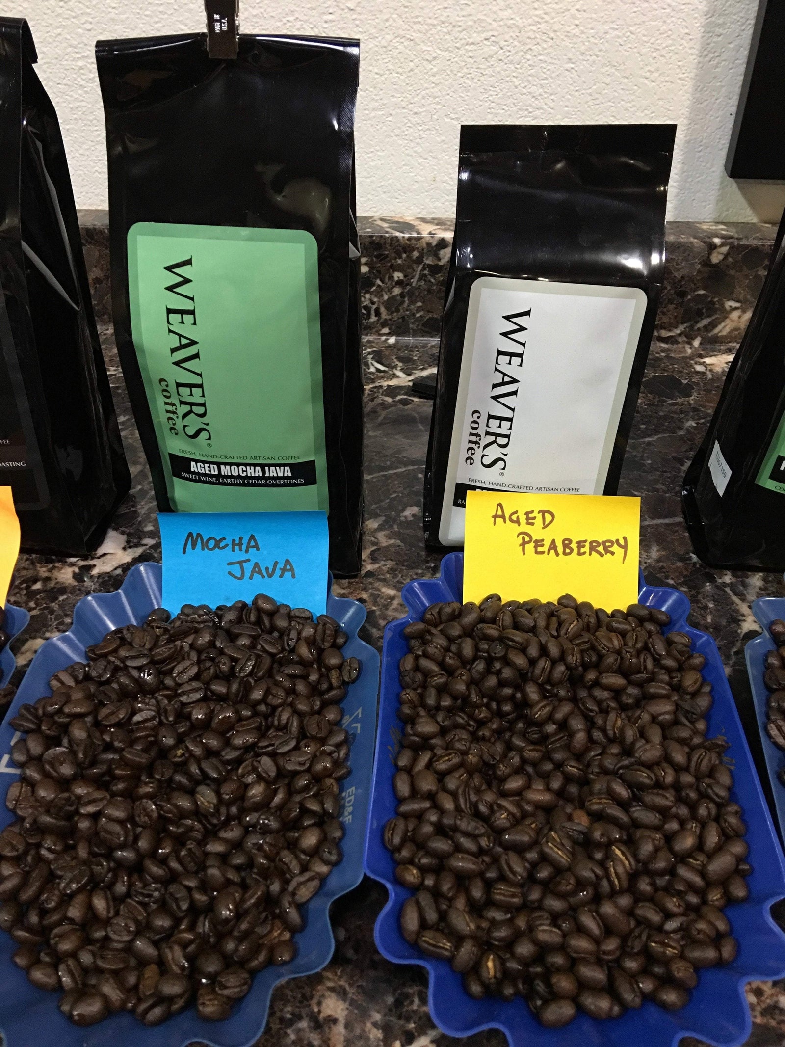weaverscoffee.mom Peaberry Reserve Coffee on the coffee cupping table.